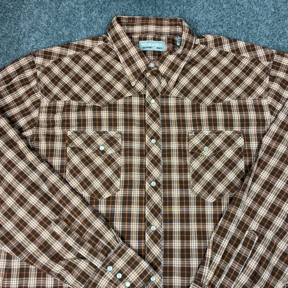 Wrangler Wrancher Mens 2XT‎ Brown Orange Plaid Western Snap Long Sleeve Shirt